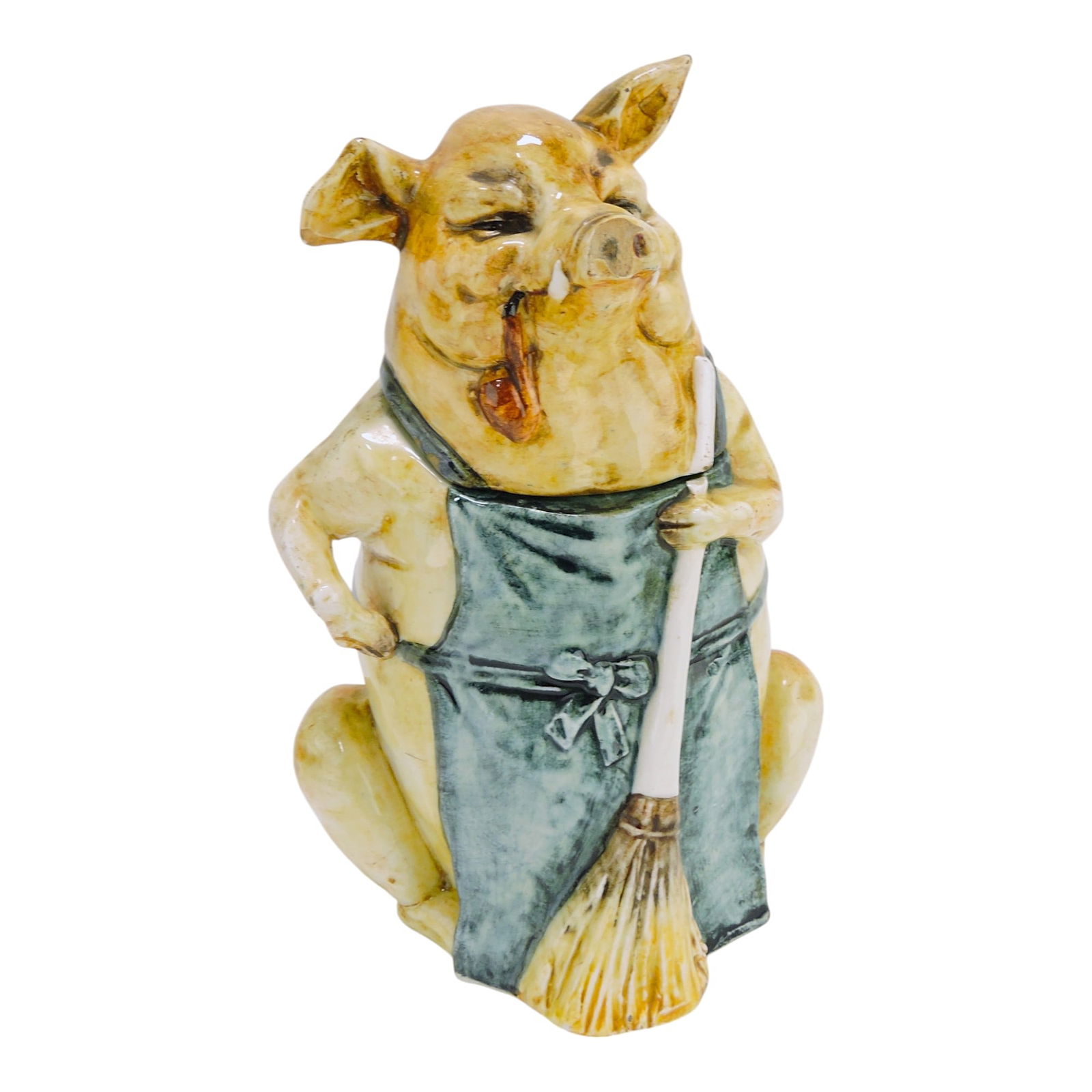Continental majolica pig shop keeper: figural humidor, 8"