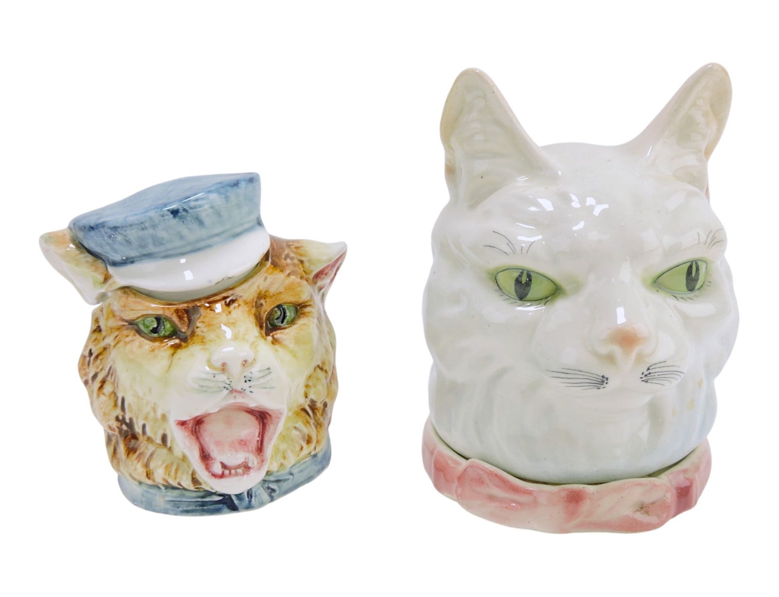 Continental majolica lot of 2 cat head: figural humidors, 4 1/2" to 5 1/2"