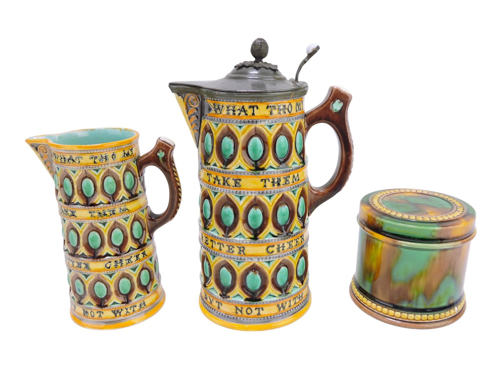 Wedgwood majolica lot of 2: caterer jugs 7" & 9", and covered jar 4 1/4"