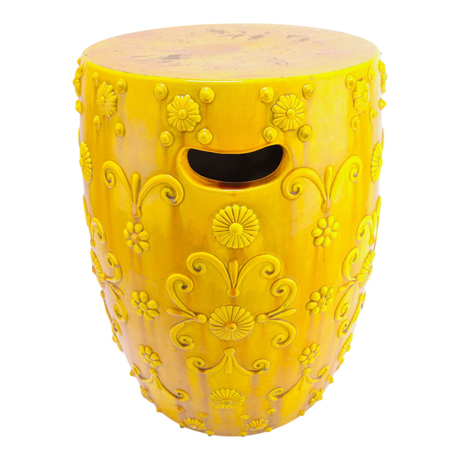 Majolica yellow garden seat, 19"