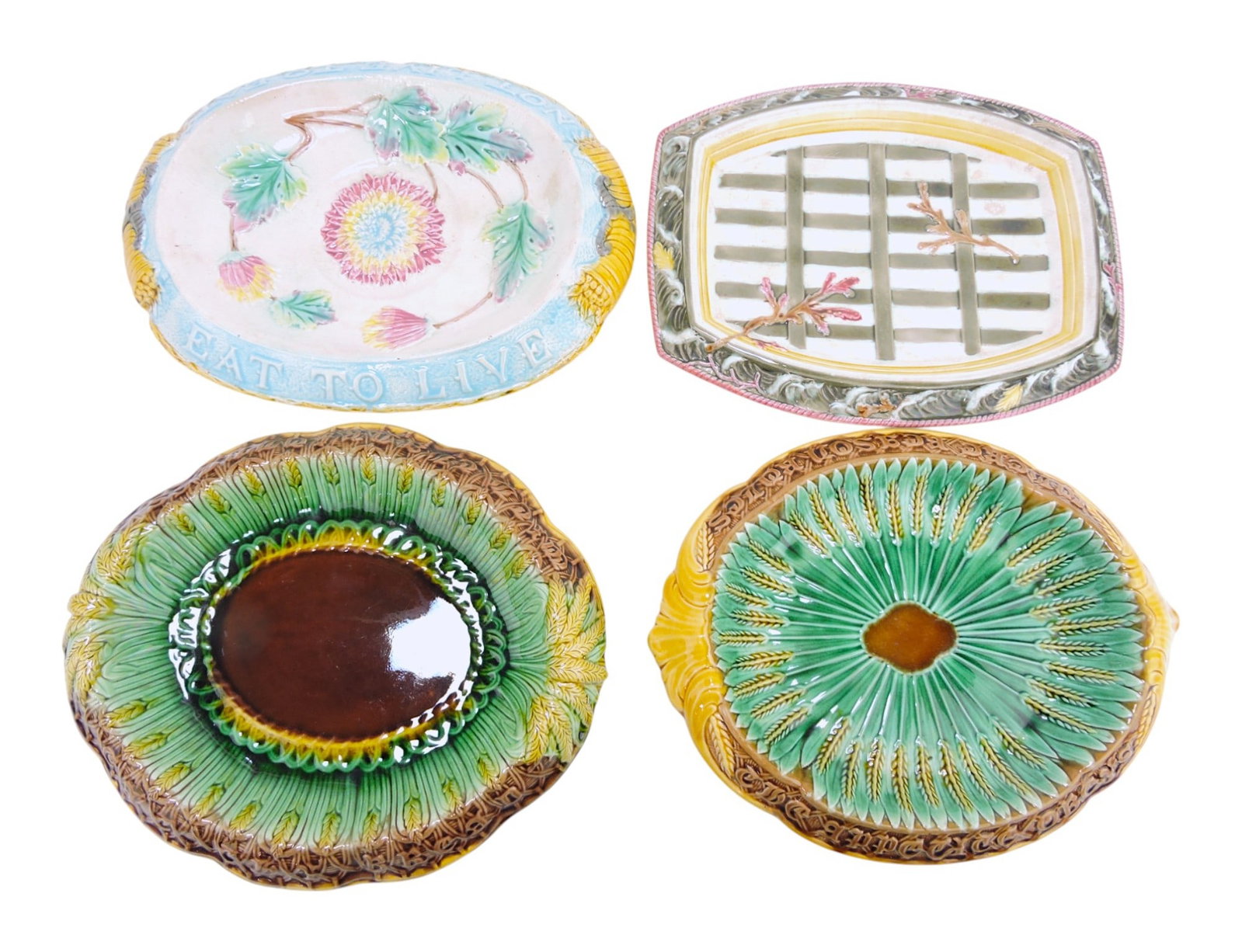 Majolica lot of 4 platters, 12 1/2" to: 13 1/2", various condition