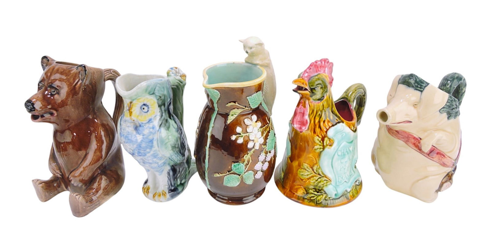 Majolica lot of 5 figural pitchers, (1 of 1)