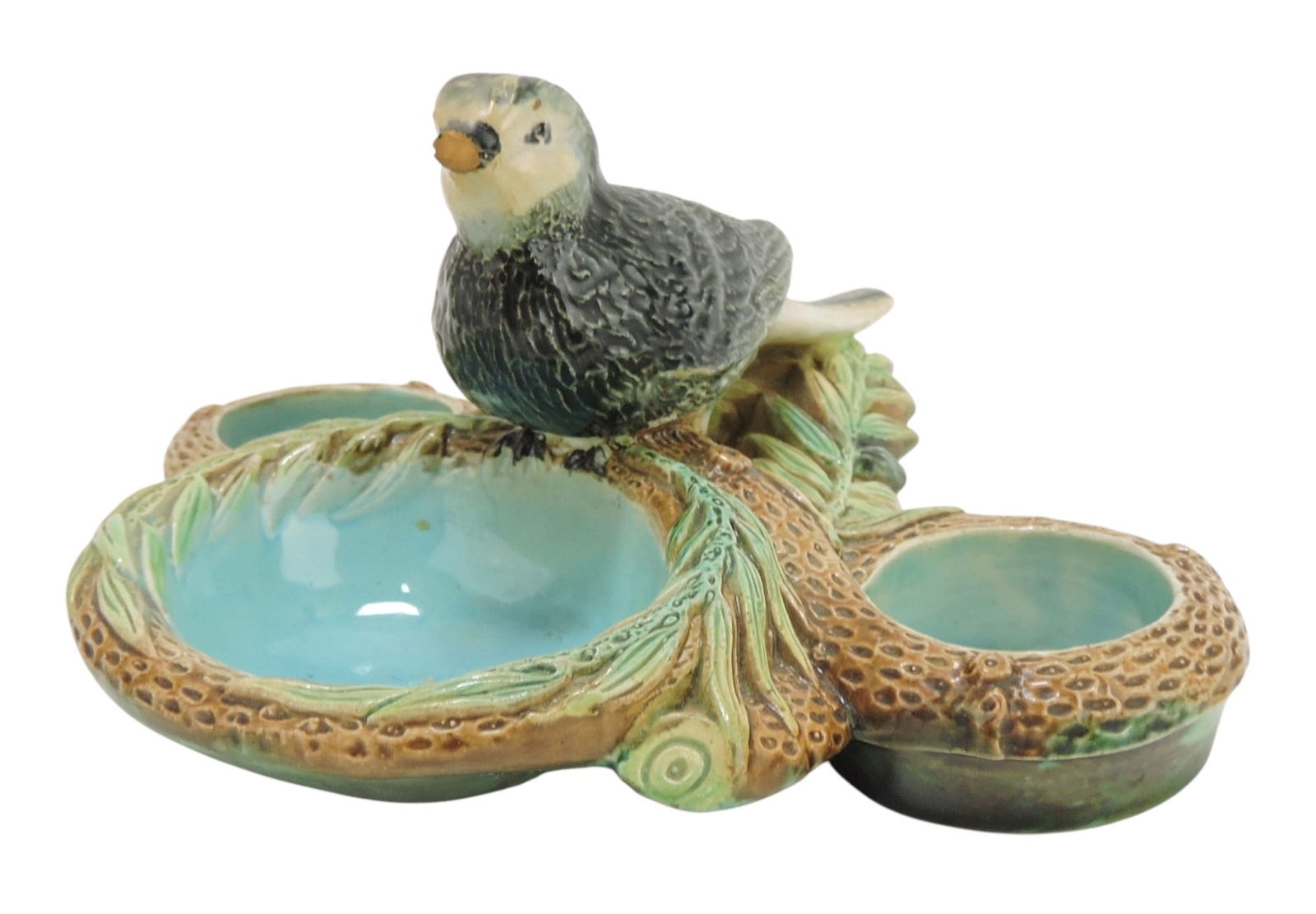 George Jones majolica bird condiment