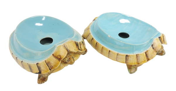 George Jones majolica lot of 2: tortoise spittoons, 3 1/2"h, 10"l