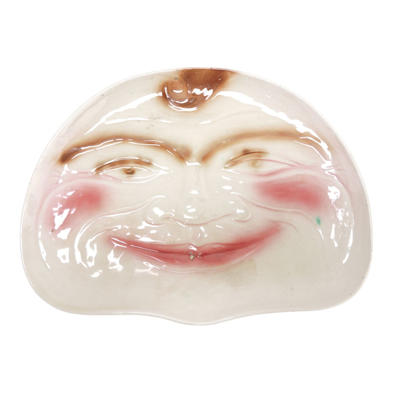 French majolica face tray, kiln burr to: front, 12"x9"
