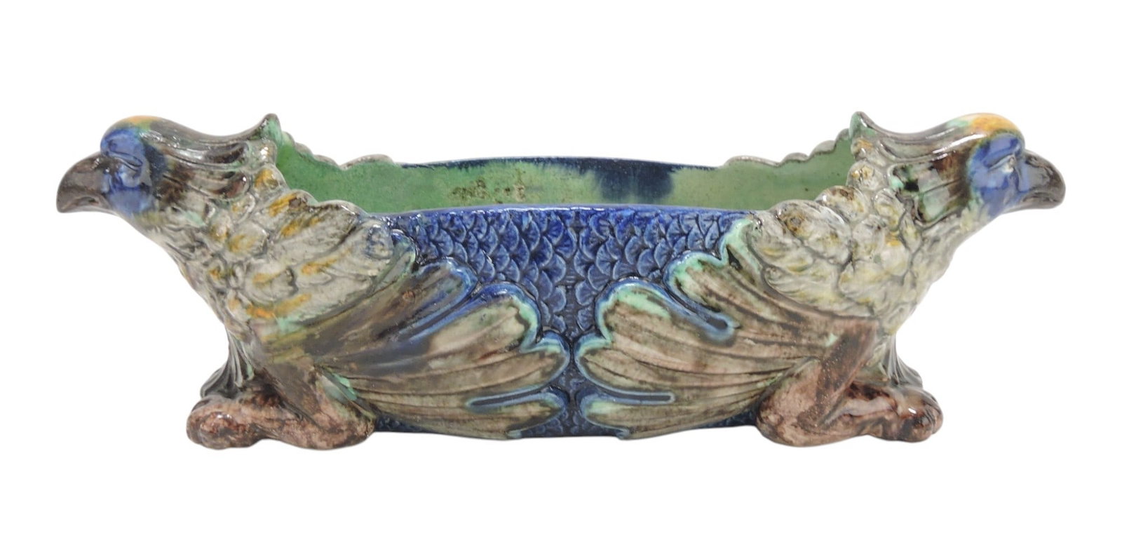 French majolica eagle flower trough,: 4"h 10 1/2"l, professional repair to on eagle