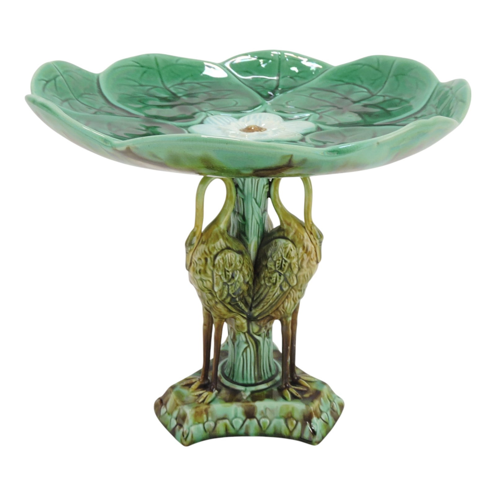 Majolica pond lily comport with: 3 storks on base (neck repair to one) 9 1/2"x10 1/2"
