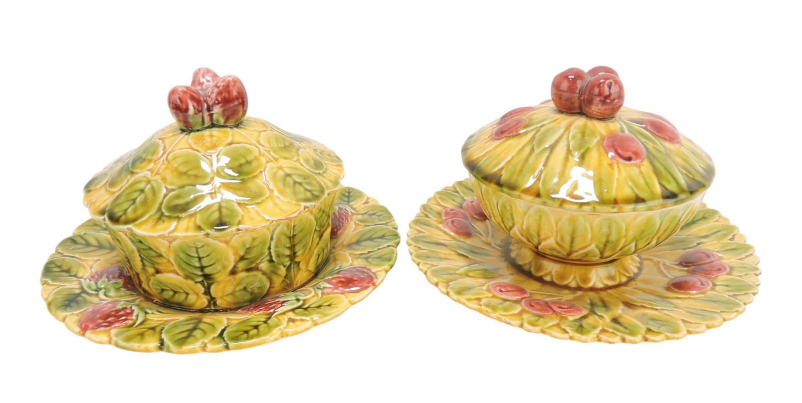 Sarreguemines majolica lot of: 2 butter dishes, one with strawberries, the other with cherries, 4 1/2"h, 8"d