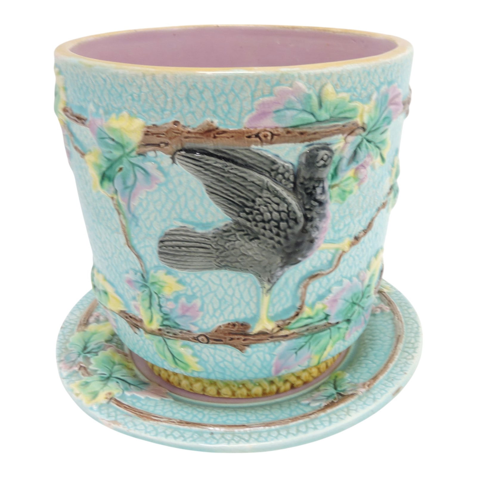 Majolica turquoise cachepot with: bird on each side with underplate, 8"h, 9 1/4"d