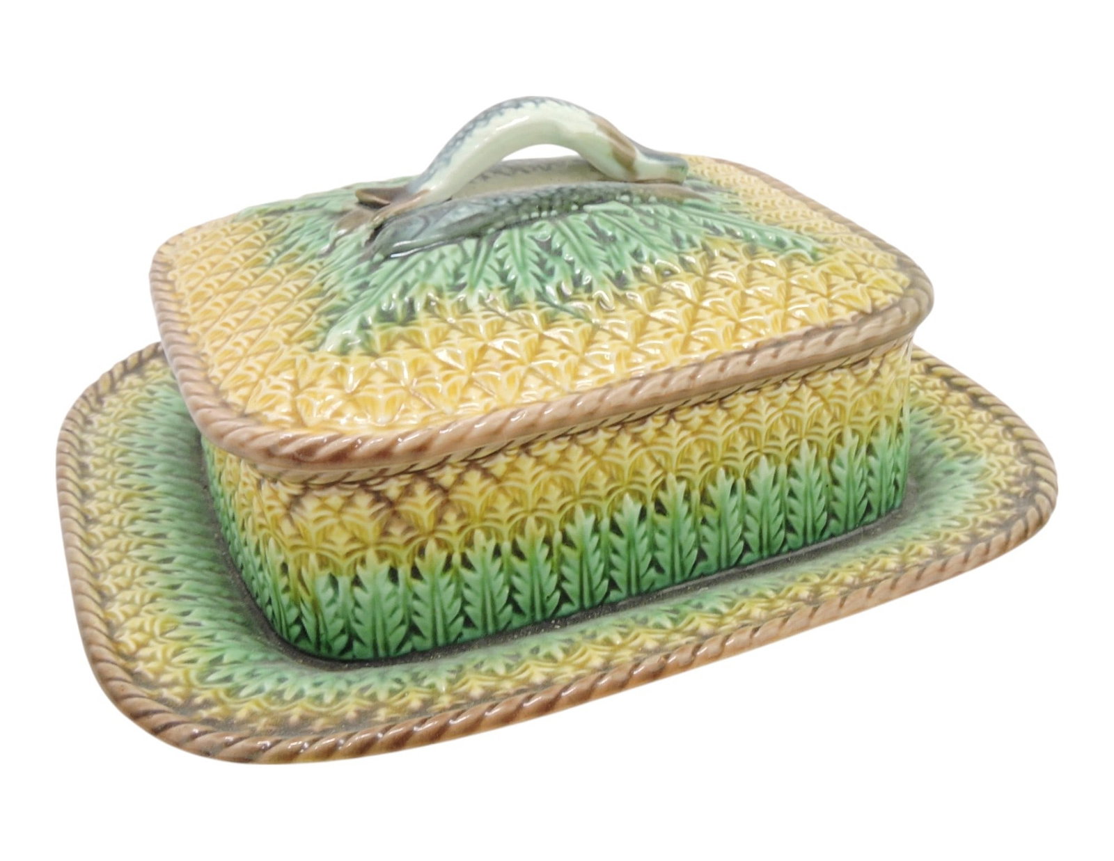 Majolica pineapple sardine box,: 4"h, 8"w
