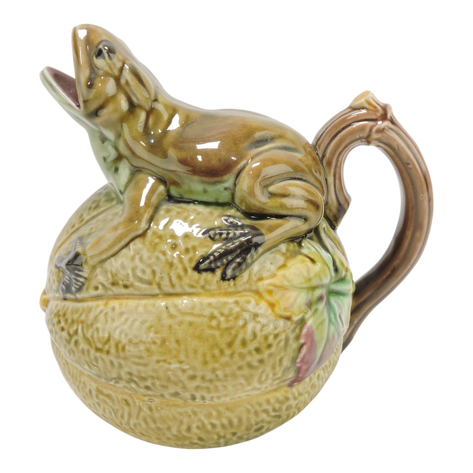 Majolica frog on melon figural pitcher, (1 of 1)