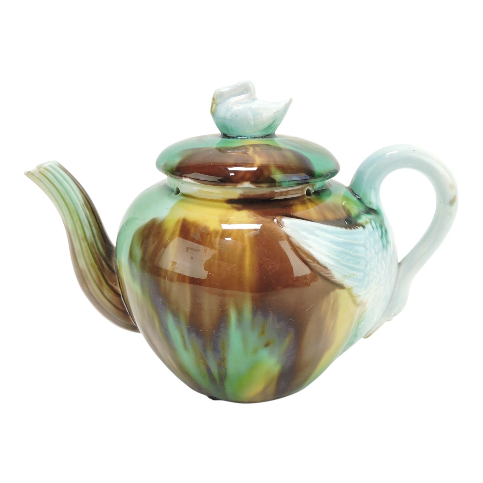 Majolica mottled teapot with swan: handle and finial, nicks to spout, 5"