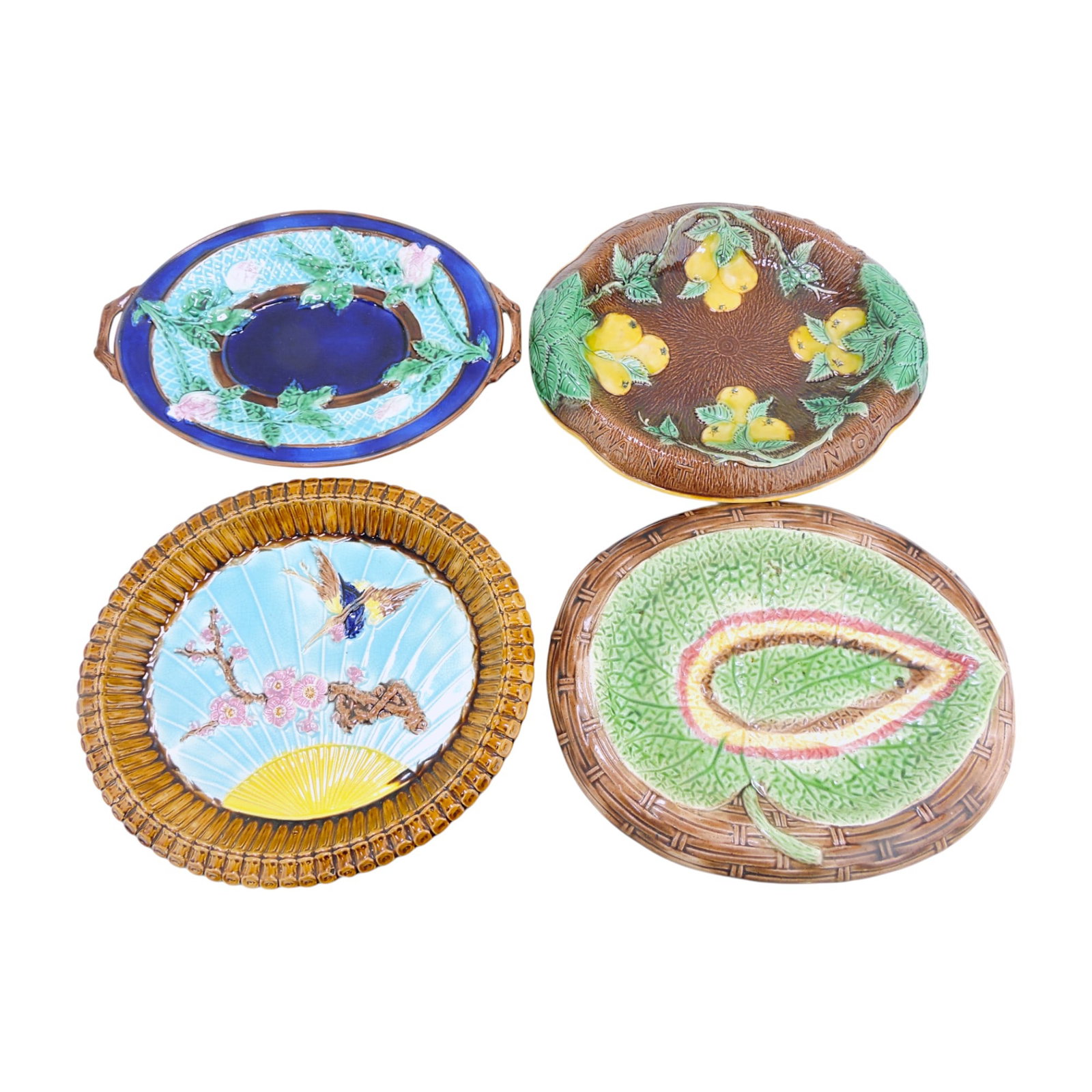 Majolica lot of 4 platters, 13",: various condition