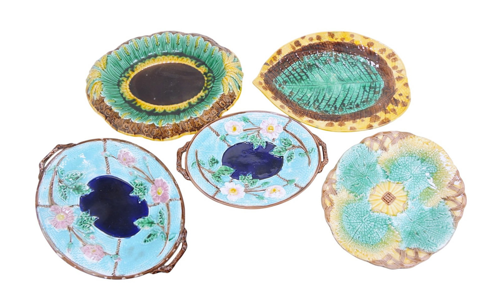 Majolica lot of 5 platters, 11 1/2" to: 13", various condition