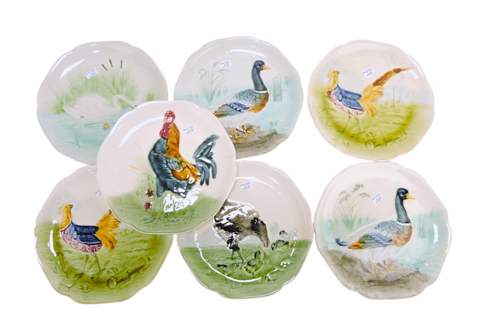 Choisy-le-Roi set of 7 majolica fowl: plates, 8 3/4", various condition