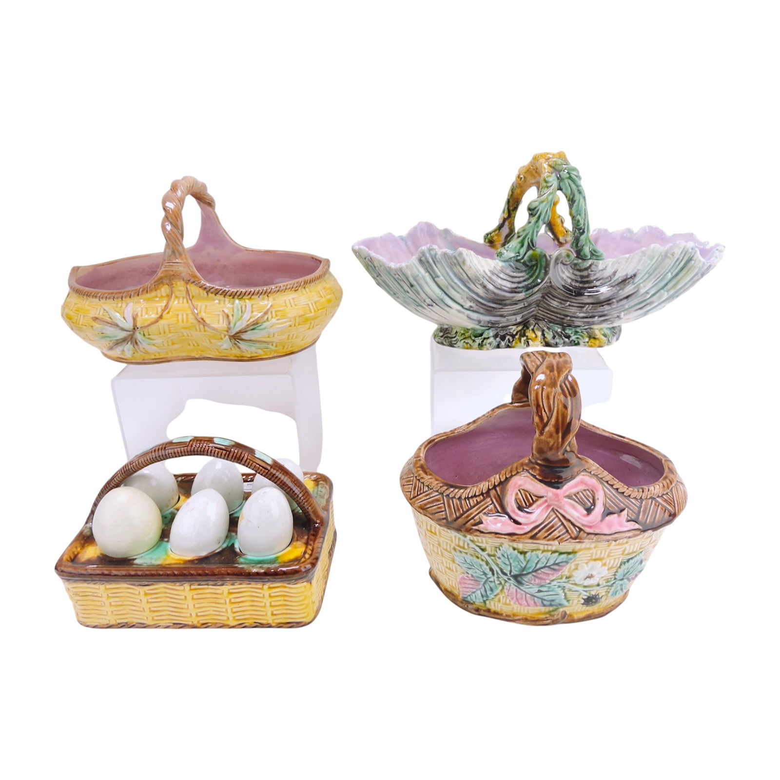 Majolica lot of 4 baskets, 5" to 8"h, (1 of 1)