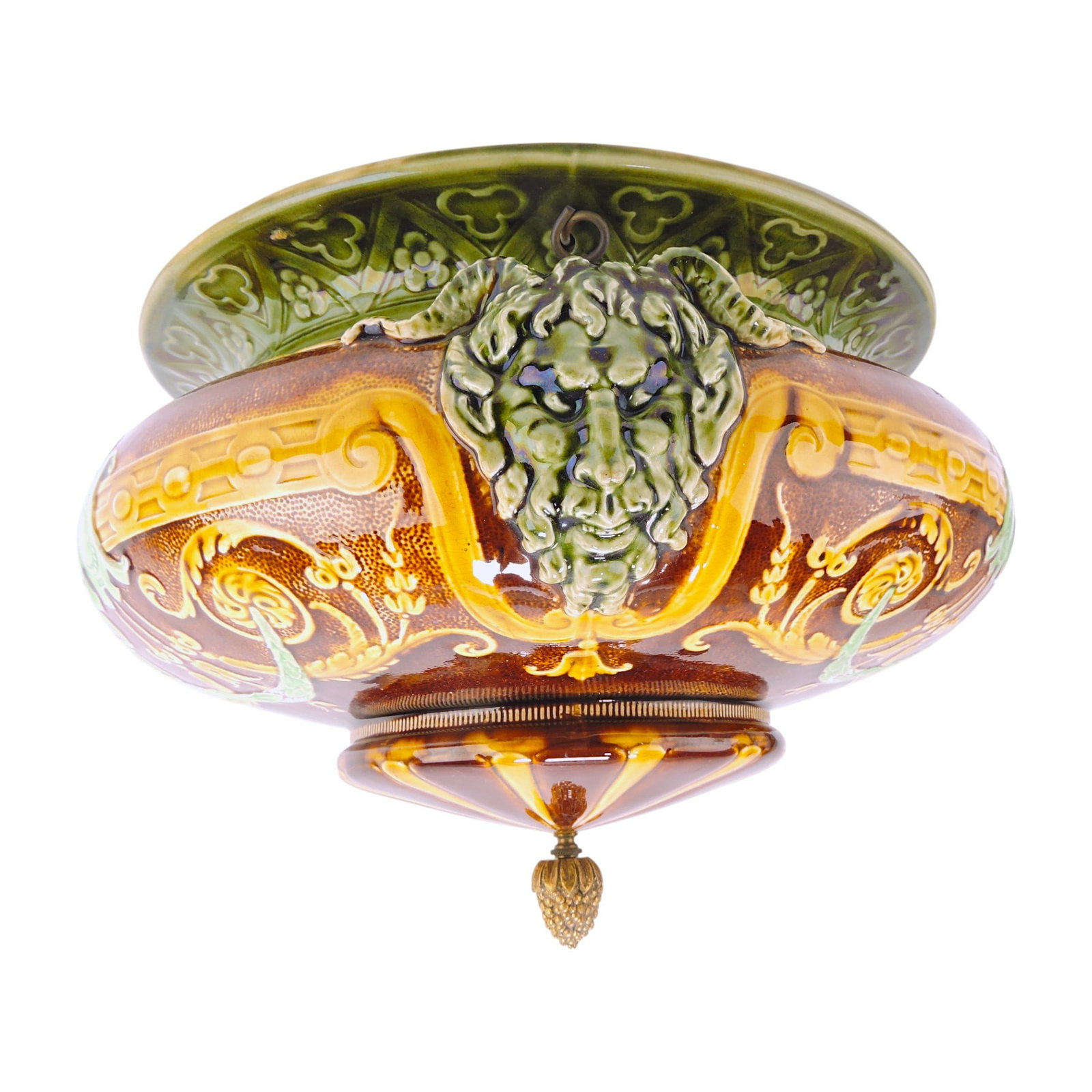 French majolica hanging jardiniere: with masks, 10"h, 15"w