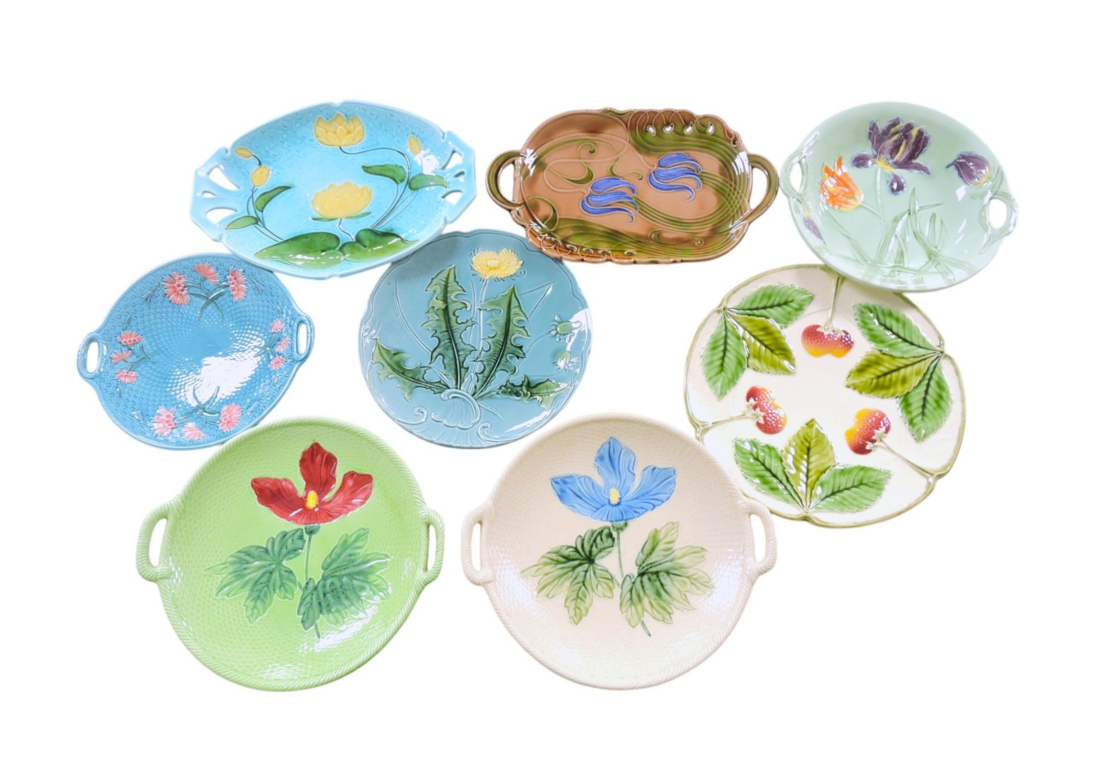 Majolica lot of 8 platters & trays,: 11" to 13", various condition