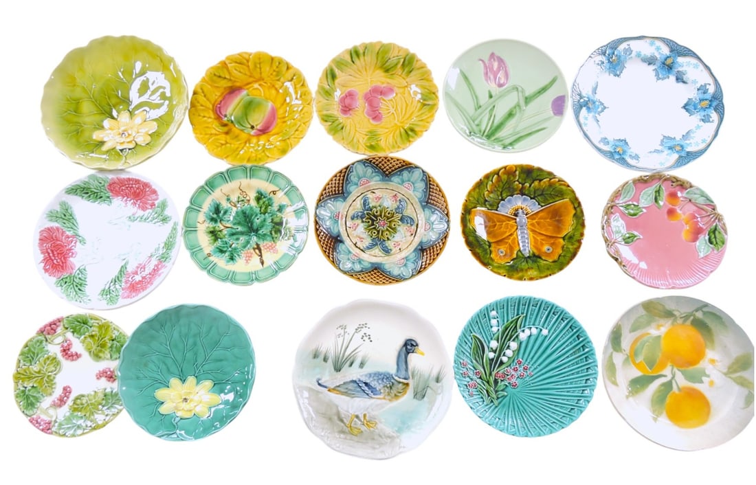 Majolica lot of 15 plates, 7" to 9",: various condition