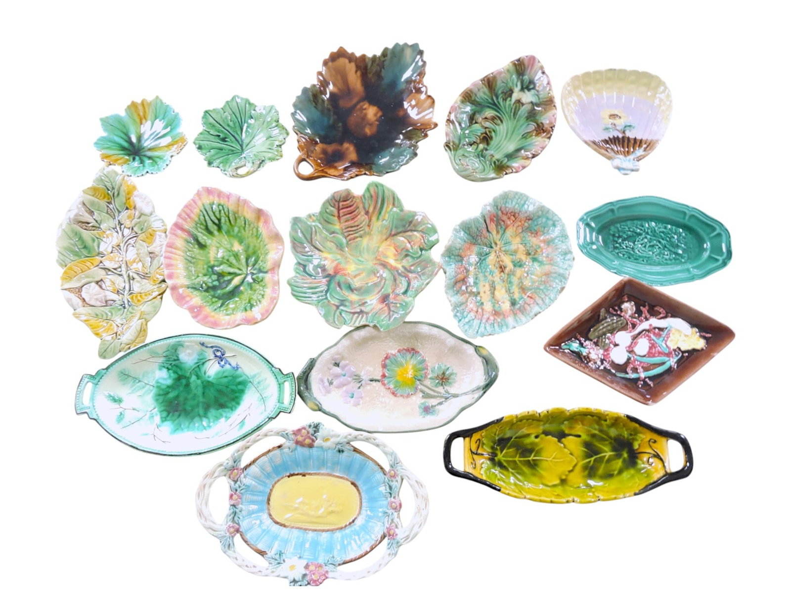 Majolica lot of 15 trays and dishes,: 4 1/2" to 10", various condition
