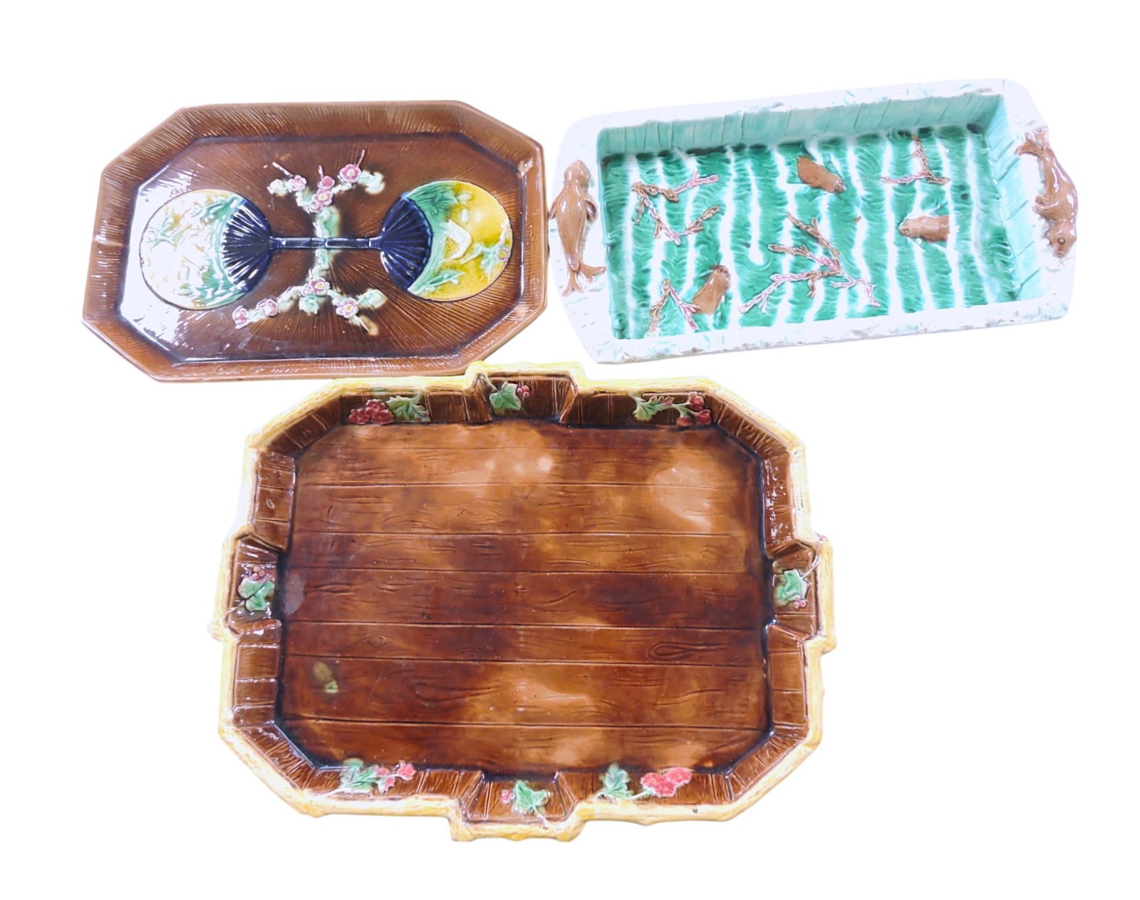 Majolica lot of 3 large trays,: 15" to 17"w, various condition