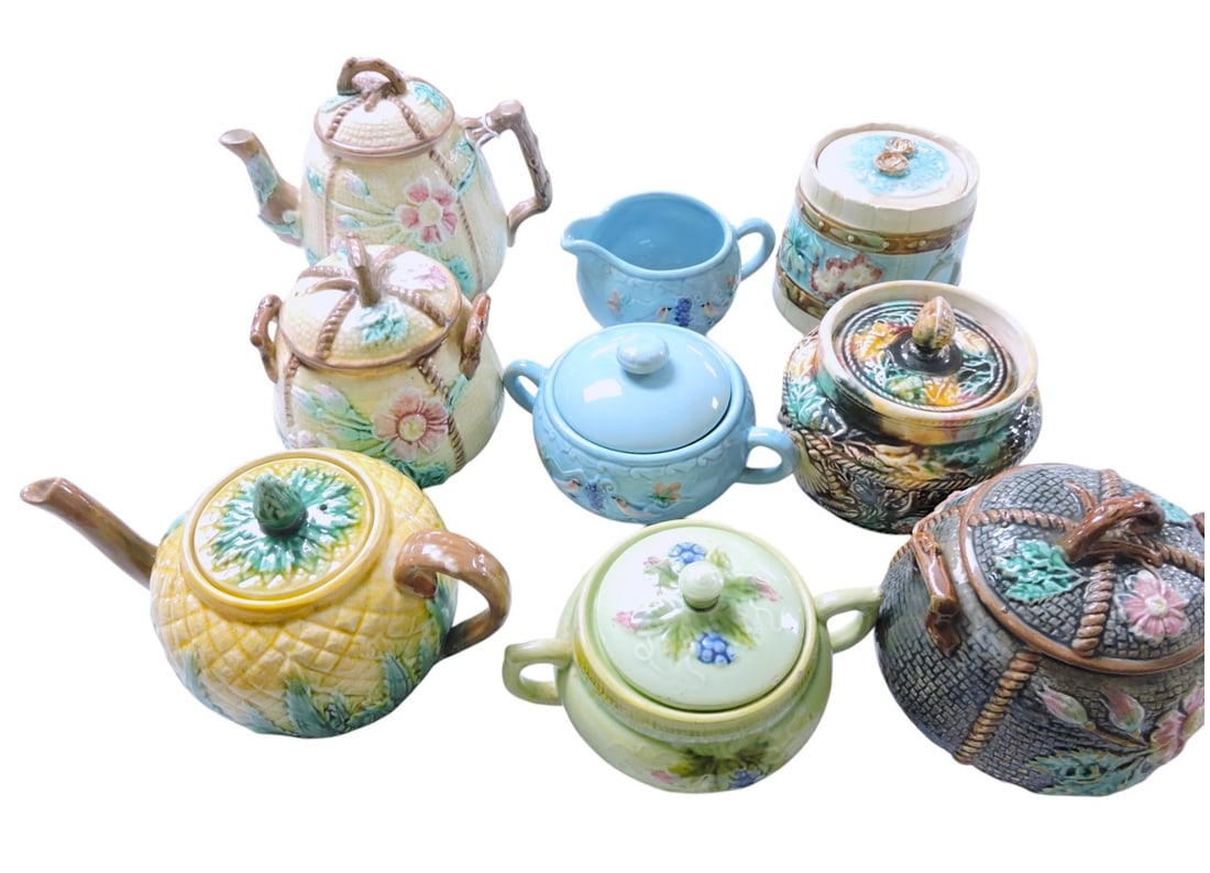 Majolica lot of 9 teapots, sugars, and: creamers, 3" to 6", various condition