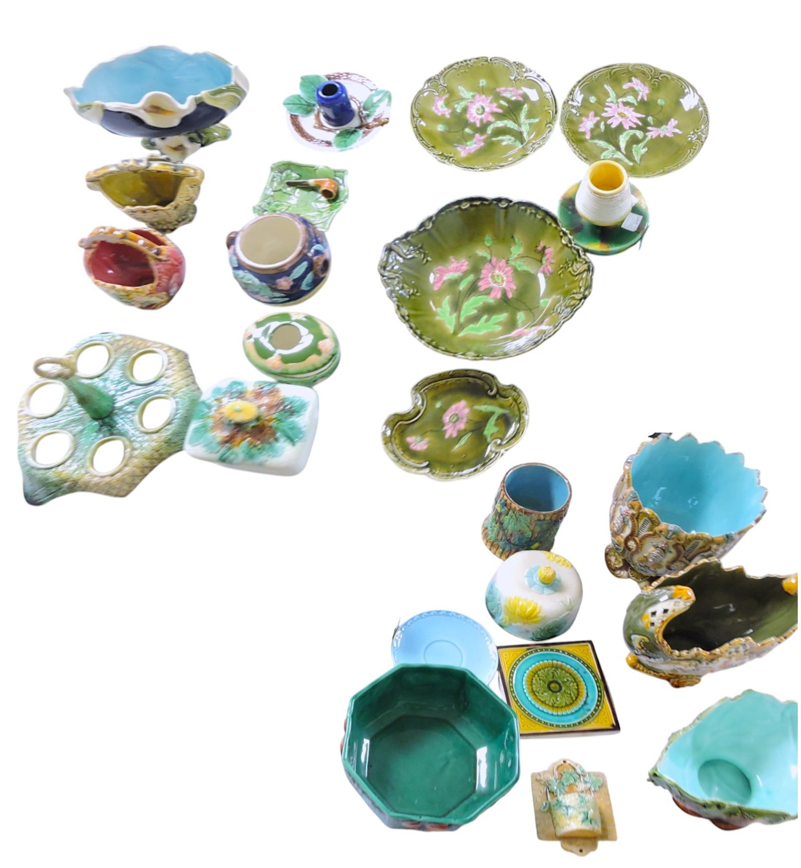 Majolica lot of 23 assorted pieces,: various condition