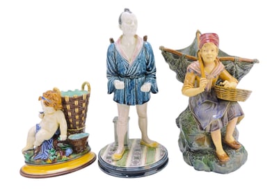 Majolica lot of 3 figures, 7" to 13",