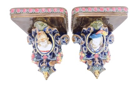Majolica pair of bracket shelves