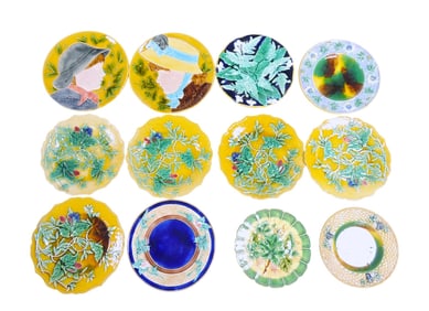 Majolica lot of 12 plates, various