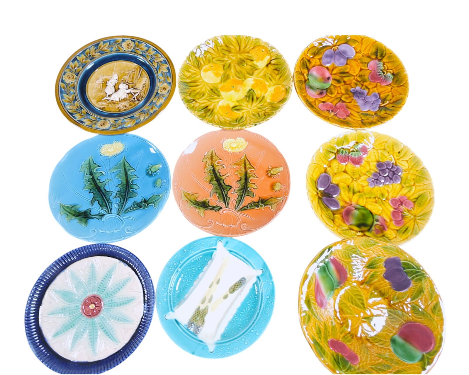 Majolica lot of 9 plates and bowls, (1 of 1)