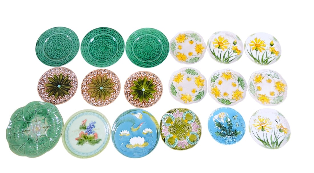 Majolica lot of 18 plates, 6" to 9",: various condition