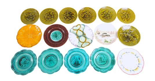 Majolica lot of 16 plates, 7 1/4" to 9",