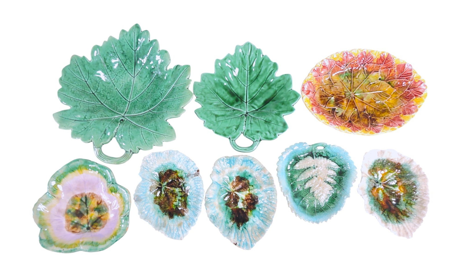 Majolica lot of 8 leaf trays, 6 3/4" to: 12 1/2", various condition