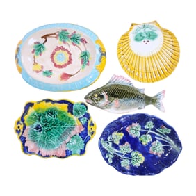 Majolica lot of 5 plates, trays, and