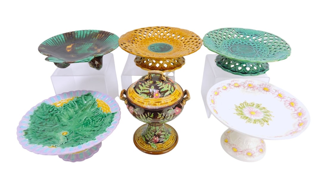 Majolica lot of 6 comports, 7"w to 9 1/2"d: .