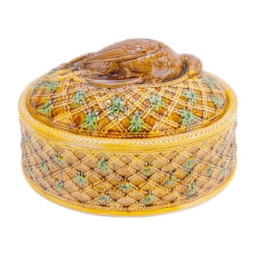 Majolica game dish with quail on cover,