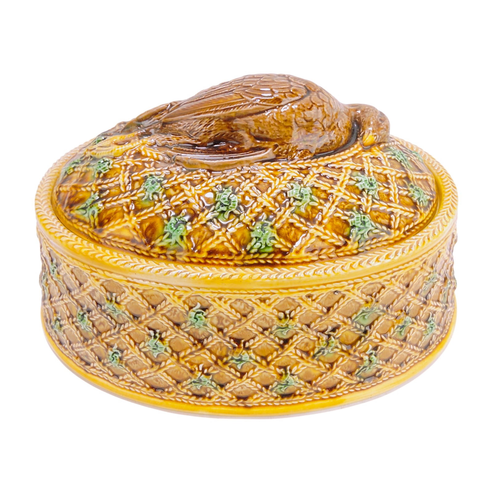 Majolica game dish with quail on cover,: professional rim repair to lid, 7 1/2"h, 13"w