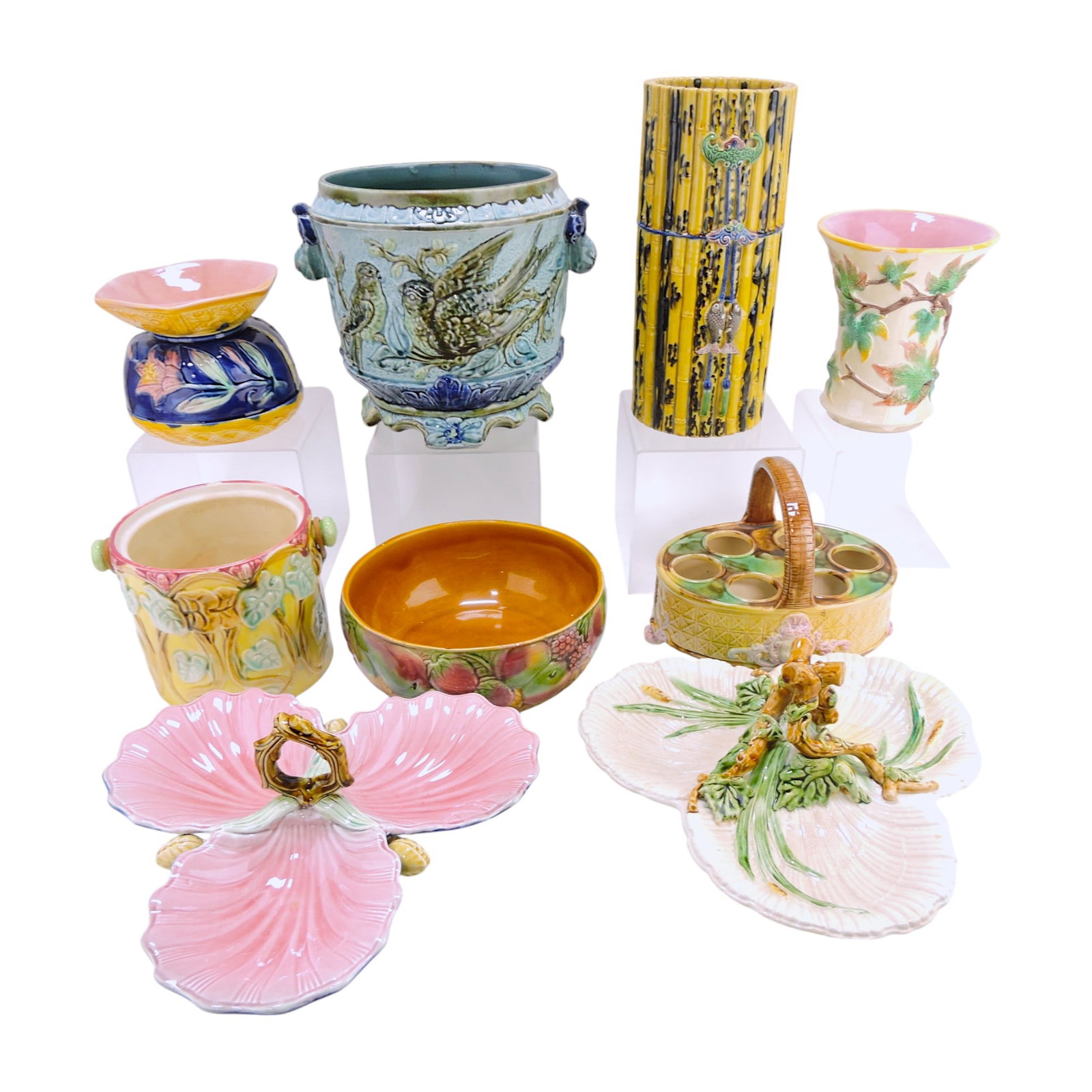 Majolica lot of 9 assorted pieces,: various condition