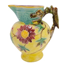 Majolica dragon handled pitcher, 10 1/4"