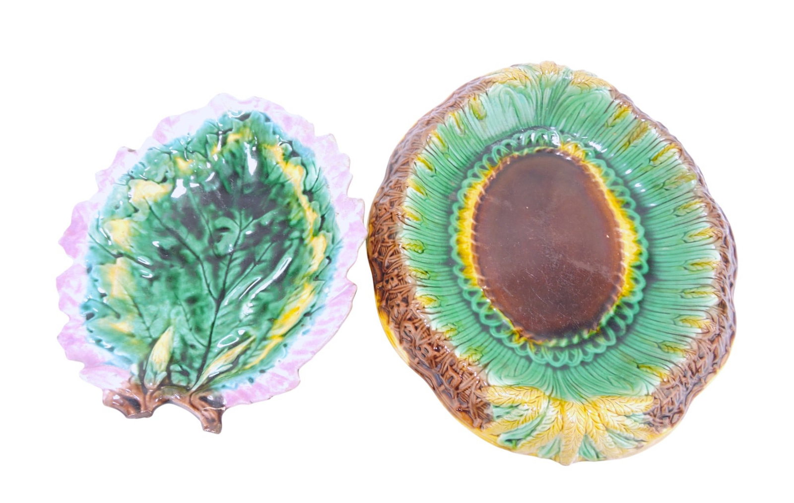 Majolica lot of 2 platters, various: condition, 11 1/2" to 12 1/2"