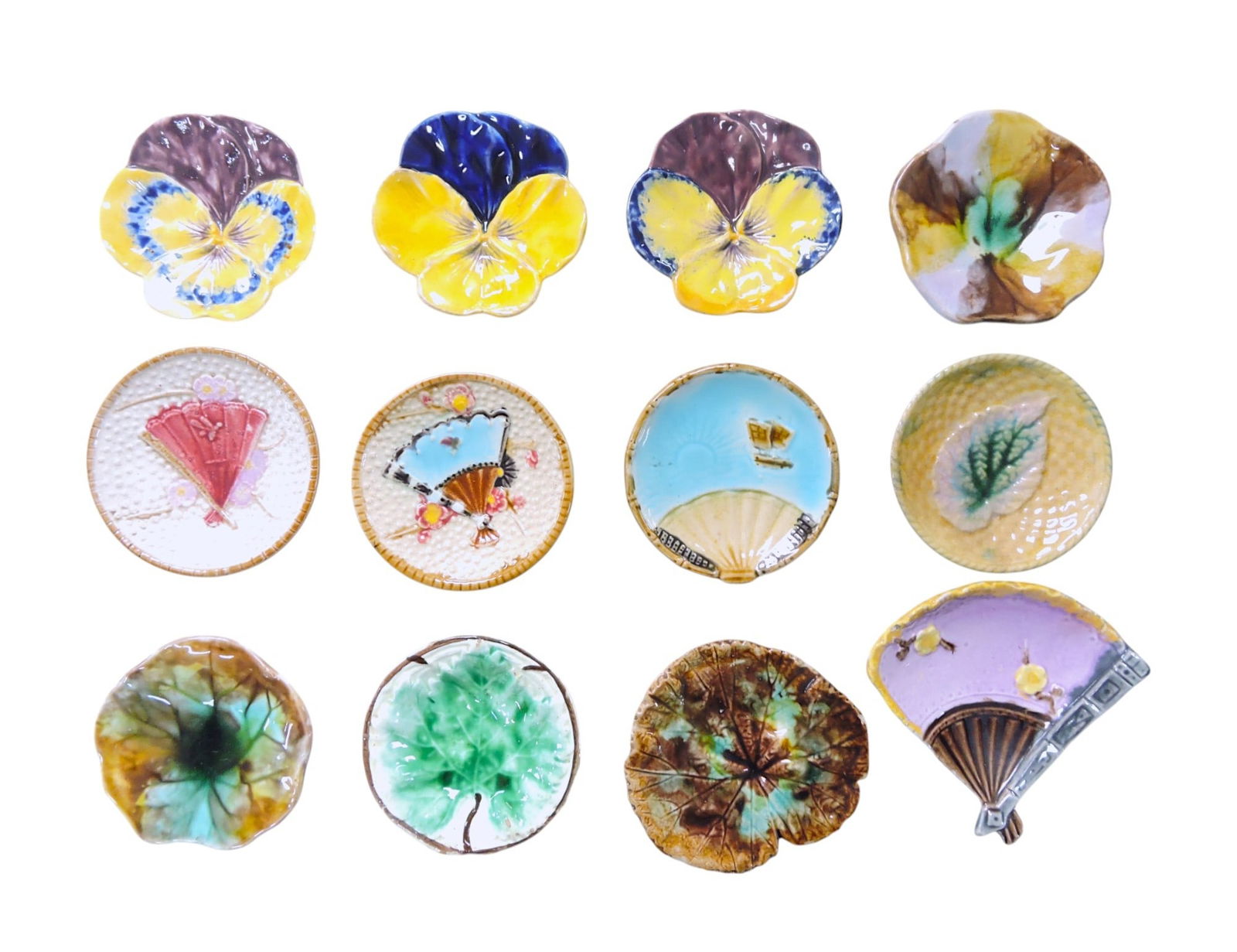 Lot of 12 majolica butter pats,: Copeland, Fielding, Etruscan and more, 3"