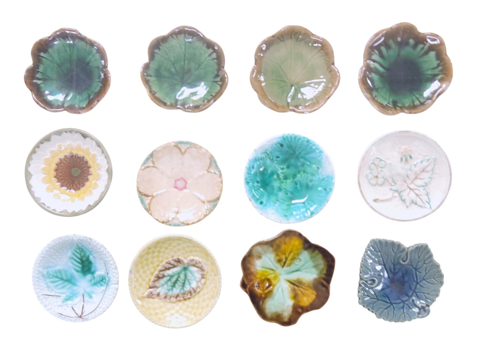 Lot of 12 majolica butter pats, 3",: Wedgwood, Etruscan, and more