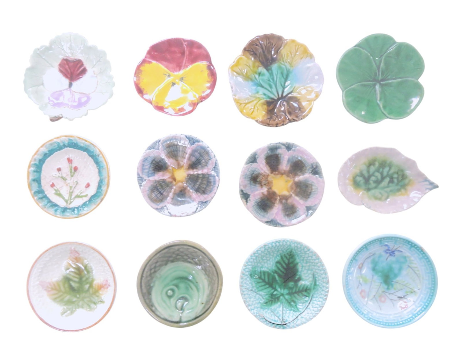 Lot of 12 majolica butter pats, 3",: Holdcroft, Etruscan, and others
