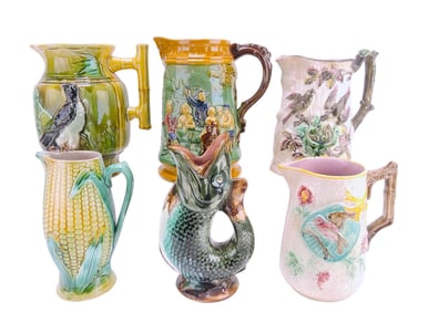 Majolica lot of 6 pitchers, 8" to 9 1/2",