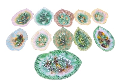 Majolica lot of 11 begonia dishes,