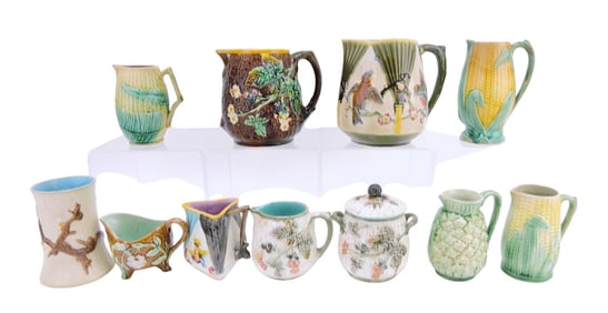 Majolica lot of 11 pieces - 9 pitchers,