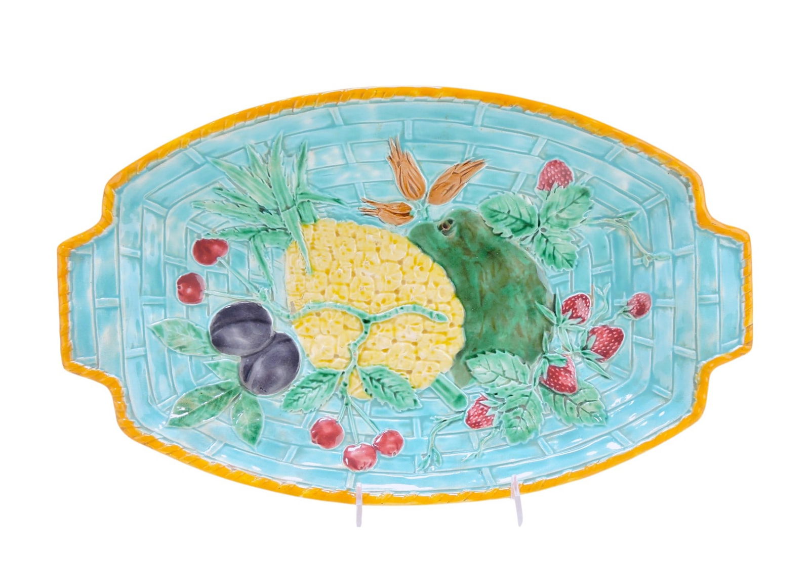 Wedgwood majolica wicker and fruit: tray, 16"x10"