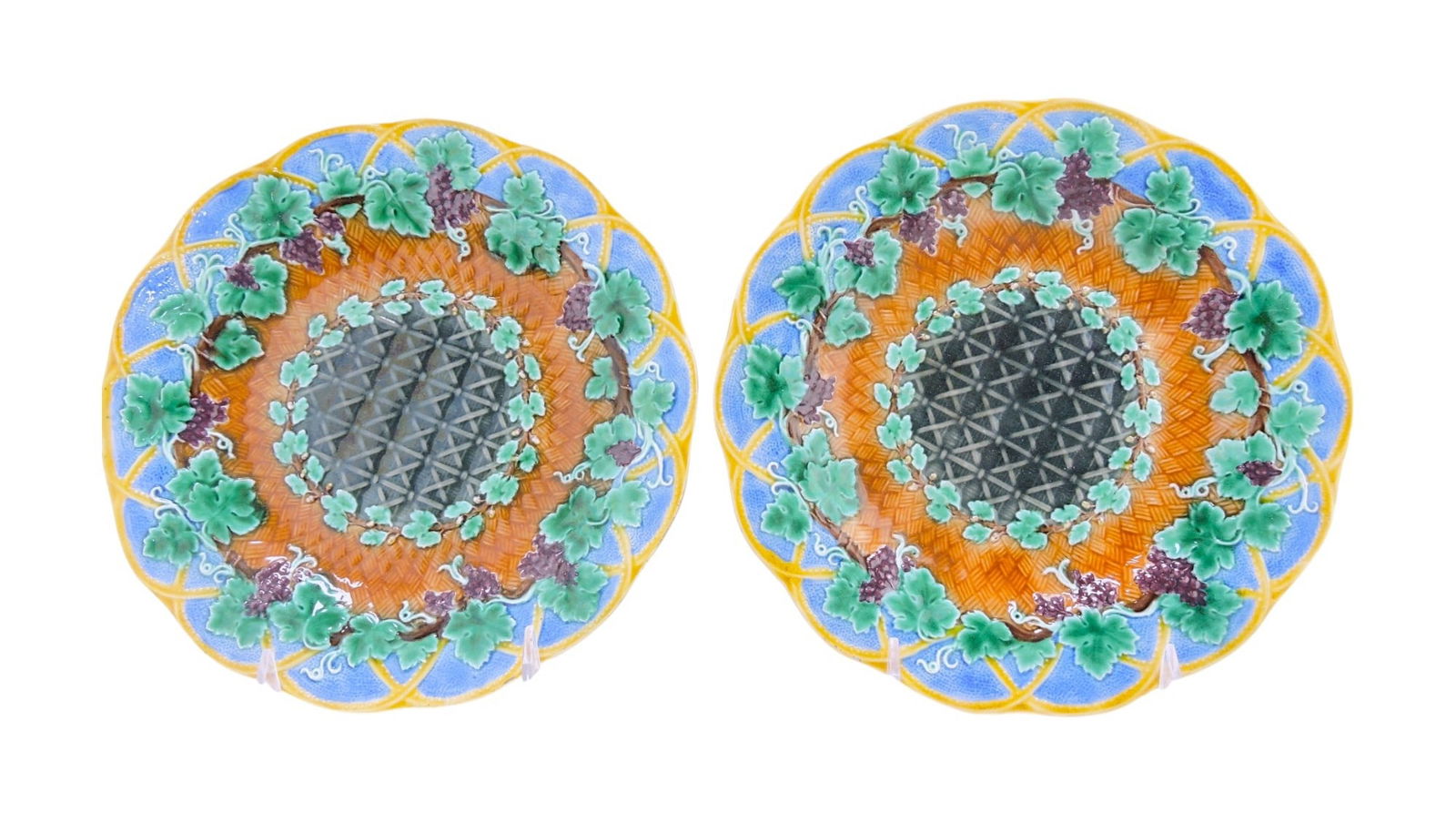 Wedgwood majolica pair of grape and: wicker plates, 8 3/4"