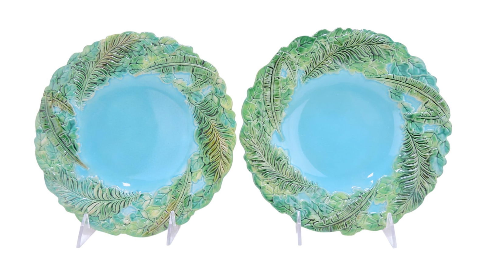 George Jones majolica pair of: leaf and fern plates, 8 3/4", professional rim repair
